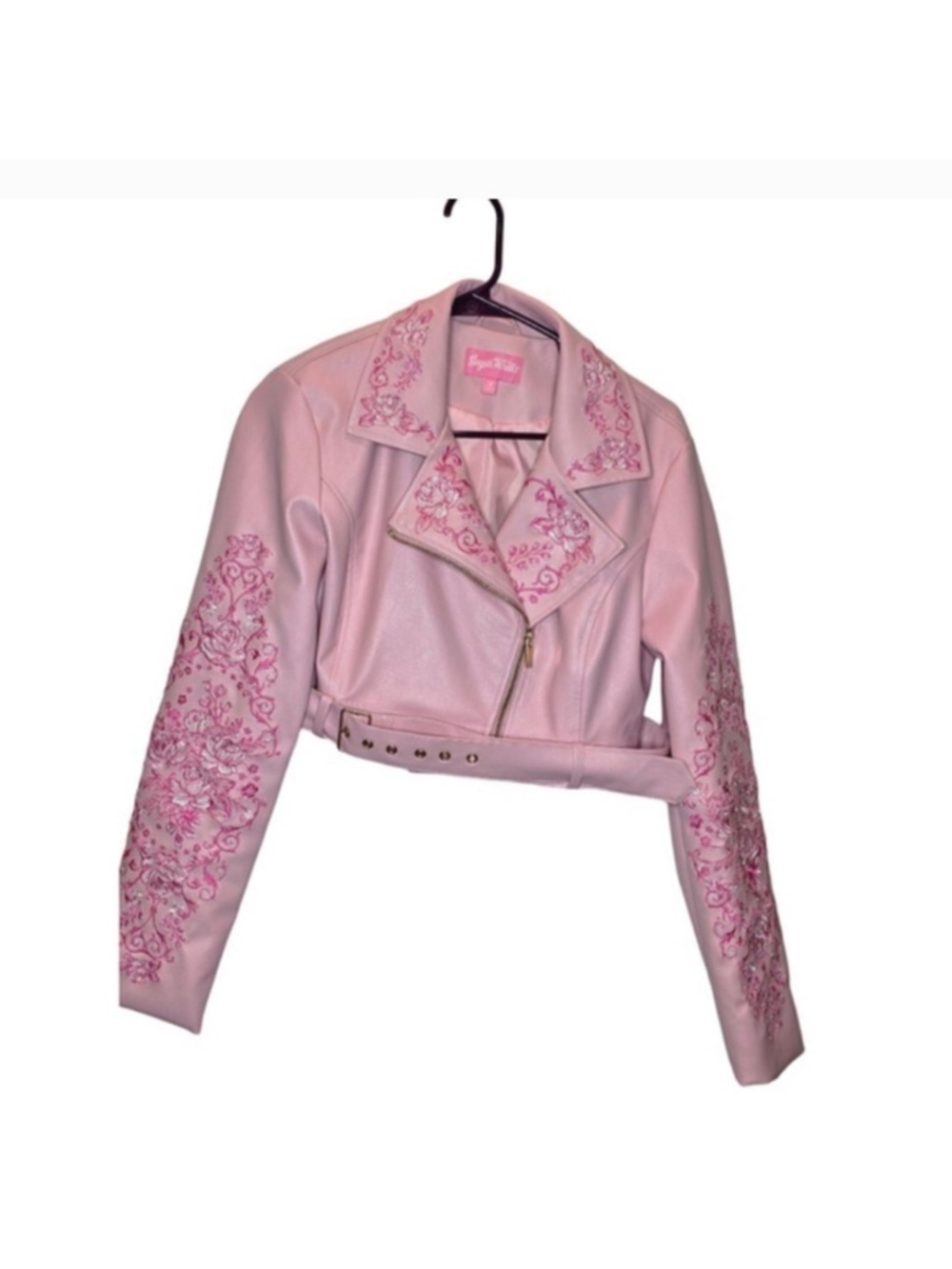 Sugar thrillzs Light Pink Embroidered Cropped Moto Jacket looking to buy